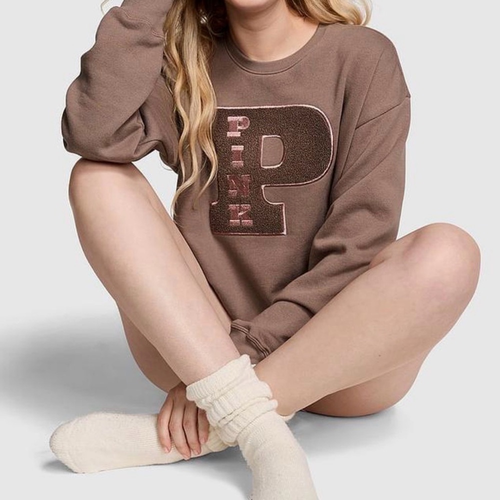 Victoria's Secret PINK Ivy Fleece Classic Crew Sweatshirt Brown XL